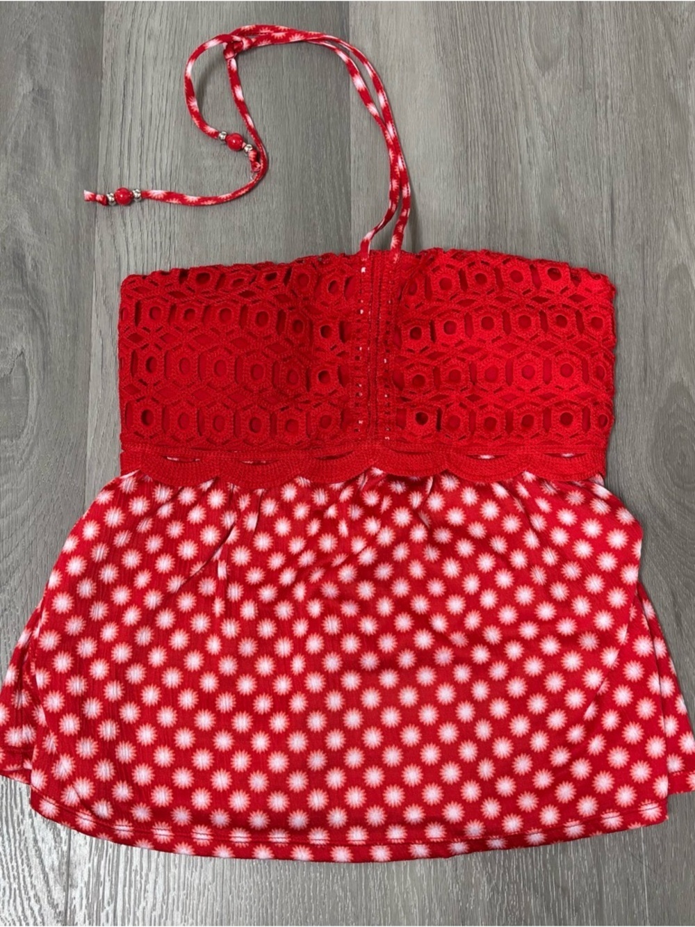 Festival Halter Top Boho Lace Crop Tank Beachy Flowy Blouse Red Women’s Size M